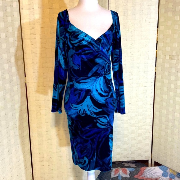 VENUS DRESS BLUE GREEN BLACK BODYCON LONG SLEEVED COCKTAIL DRESS V NECK … - Picture 2 of 13